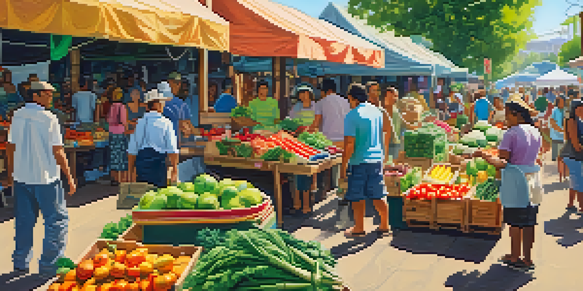 A lively outdoor market with local vendors selling fresh produce and sustainable products, surrounded by greenery and happy customers.