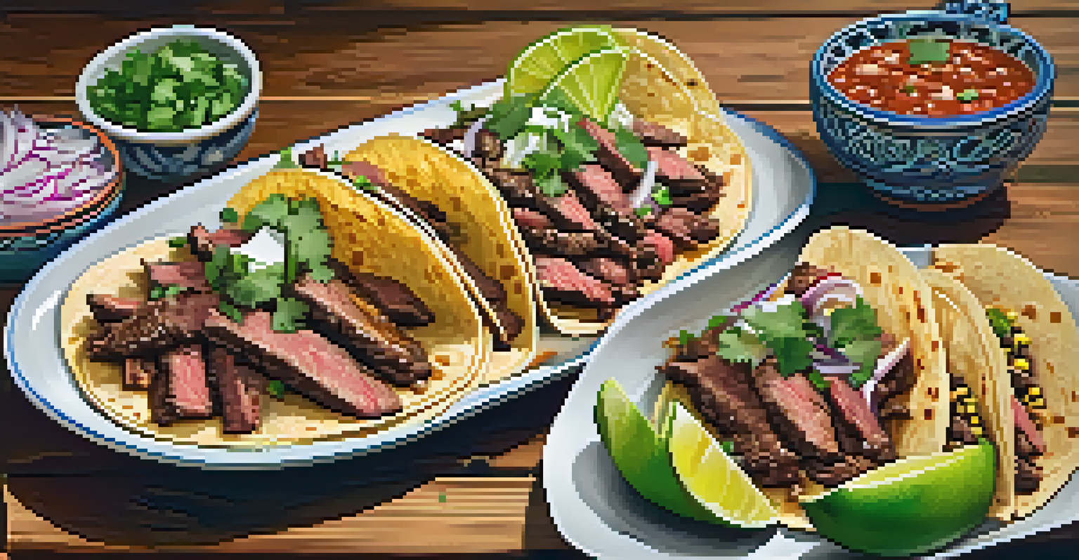 A plate of carne asada tacos garnished with cilantro and lime on a wooden table.