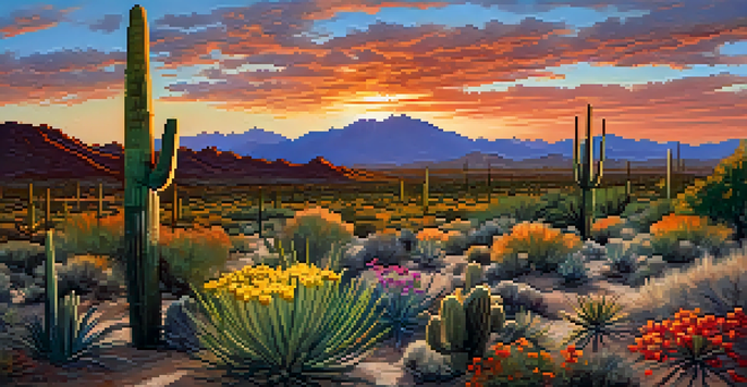 A sunset view of Saguaro National Park with tall cacti and colorful wildflowers, highlighting the beauty of the desert landscape.