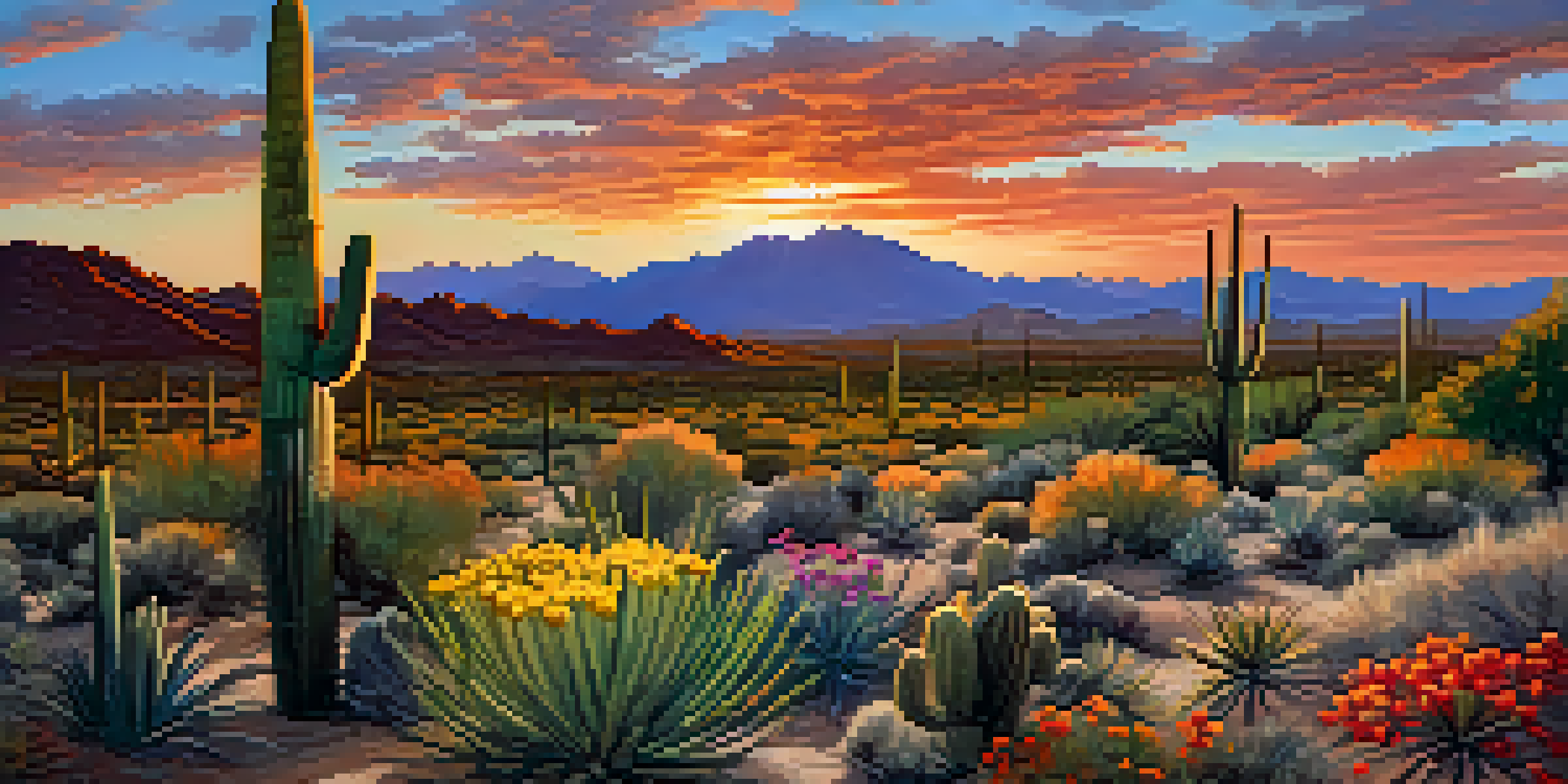 A sunset view of Saguaro National Park with tall cacti and colorful wildflowers, highlighting the beauty of the desert landscape.