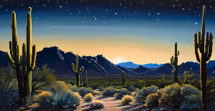 A starry night over the Tucson desert with a Saguaro cactus silhouetted against the sky.