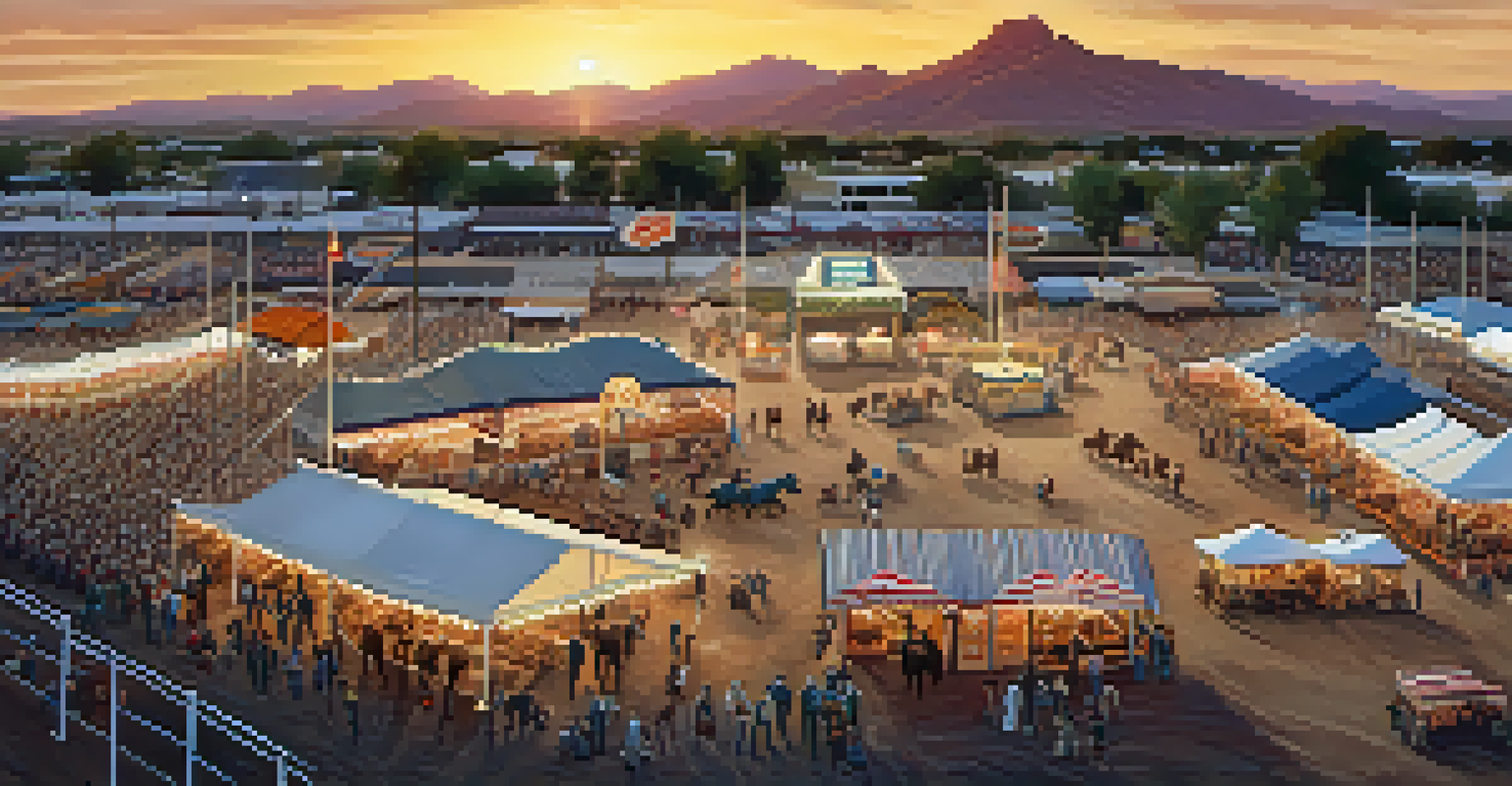 An aerial view of the Tucson Rodeo grounds bustling with people, stalls, and sunset in the background.