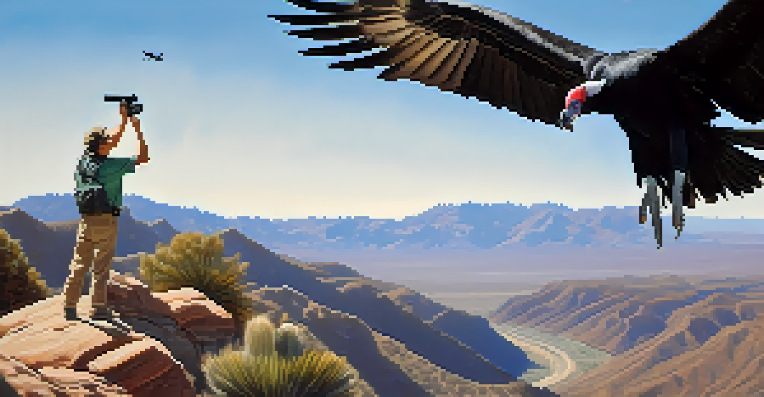 A birdwatcher observing a California condor soaring in the sky over the Sonoran Desert.
