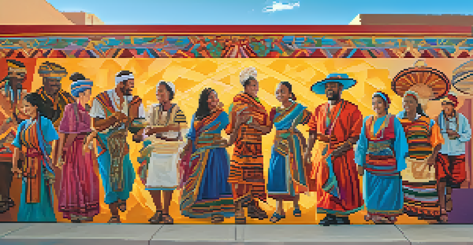 A vibrant urban mural depicting diverse cultures in Tucson, with dynamic figures and bright colors, illuminated by sunlight.