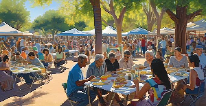 A diverse group of people enjoying a community gathering in a park, sharing food and laughter under the sunlight.
