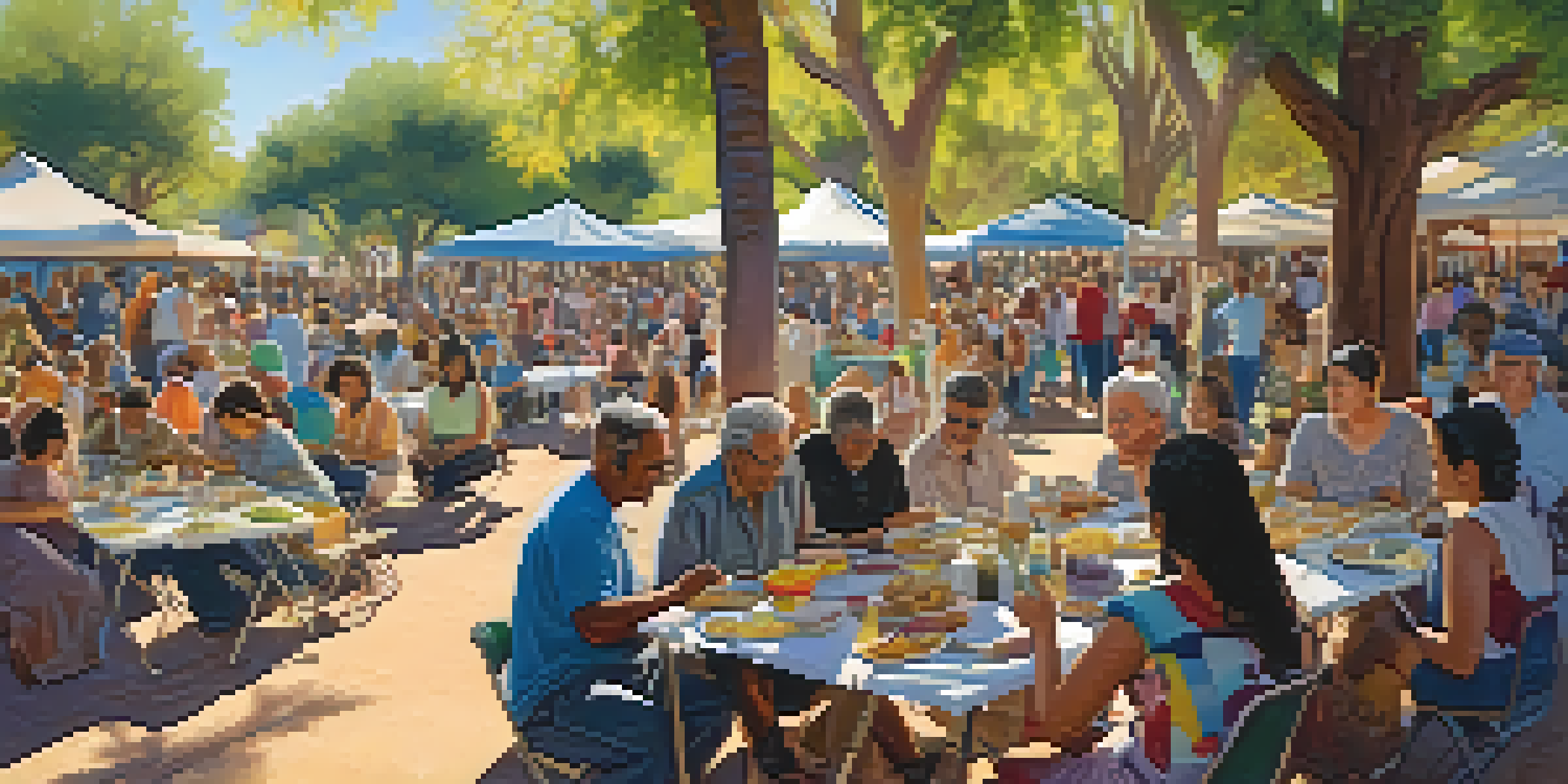 A diverse group of people enjoying a community gathering in a park, sharing food and laughter under the sunlight.