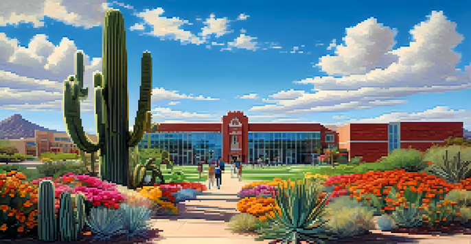 A sunny day on the University of Arizona campus with students walking amidst colorful flowers and cacti, under a blue sky.