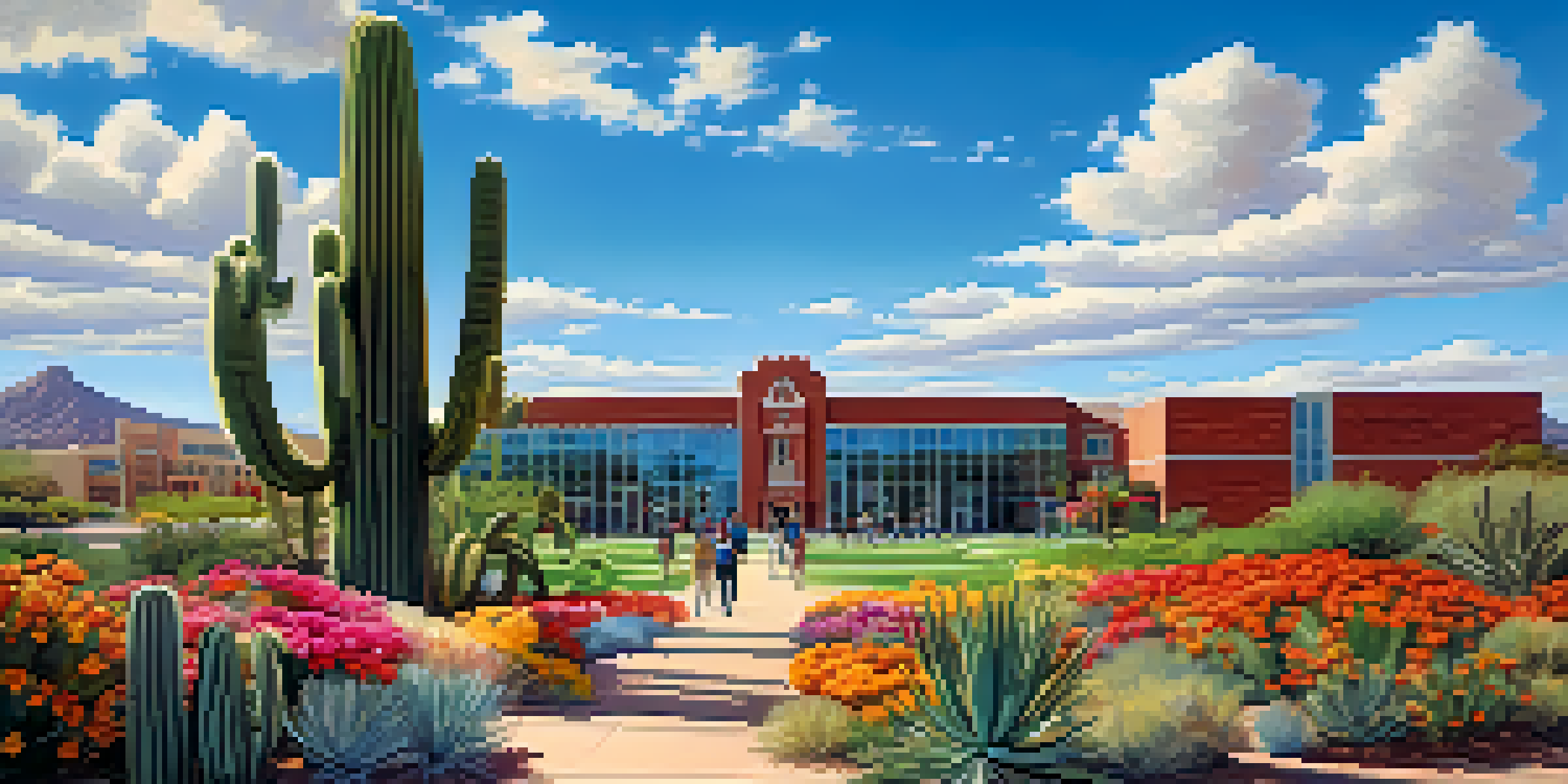A sunny day on the University of Arizona campus with students walking amidst colorful flowers and cacti, under a blue sky.
