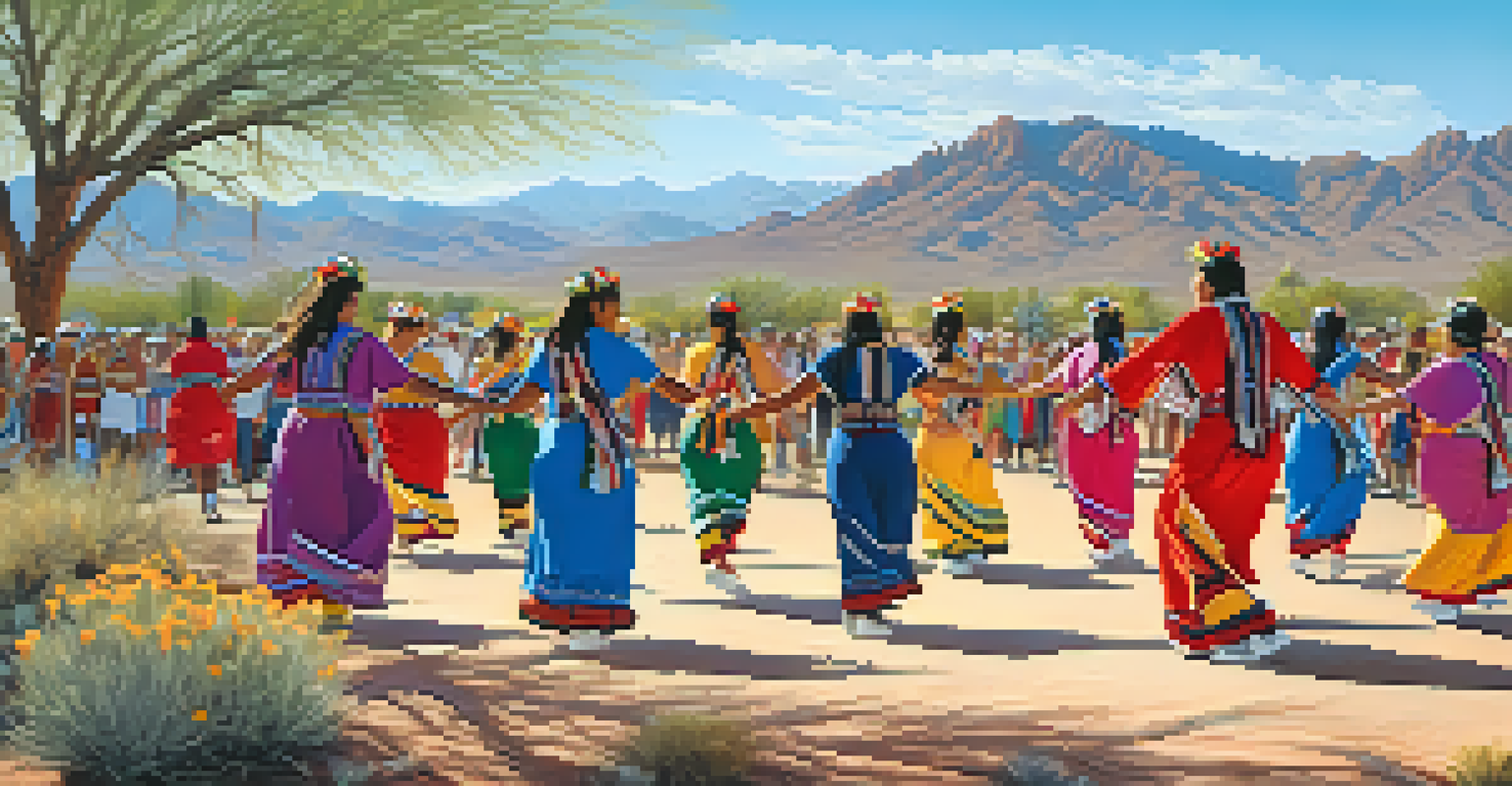 Dancers from the Tohono O'odham Nation performing traditional dance in colorful attire against a desert backdrop.