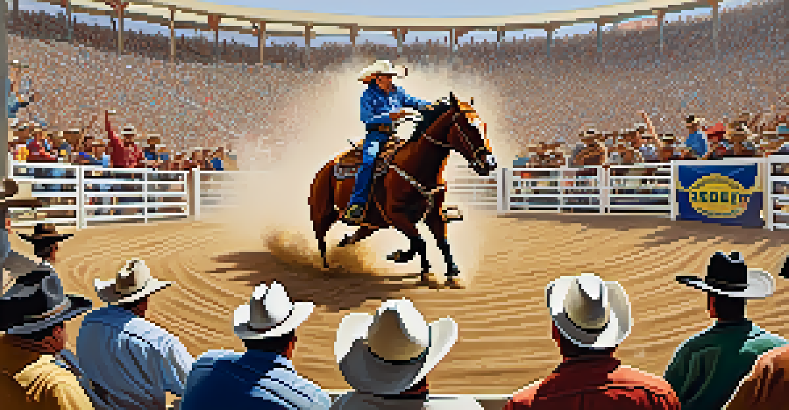 A cowboy riding a bucking bull in a rodeo arena, surrounded by enthusiastic spectators and colorful banners.