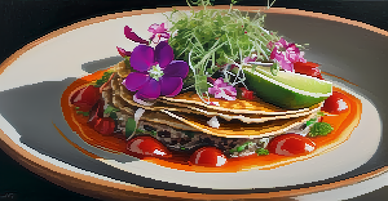 A close-up of a modern Mexican dish with vibrant colors featuring grilled cactus and fresh salsa, garnished with edible flowers.
