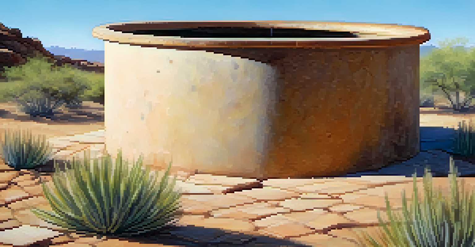 Close-up of a traditional rainwater harvesting cistern surrounded by desert plants and reflections of the sky.