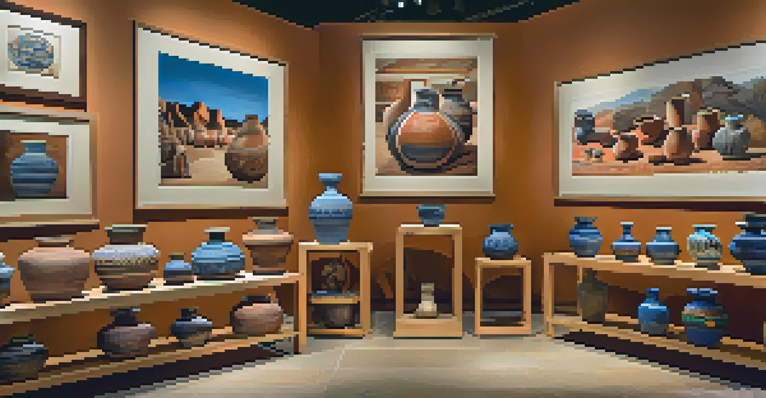 An art exhibition showcasing a variety of Tucson pottery pieces with traditional designs, illuminated by soft lighting with visitors in the background.