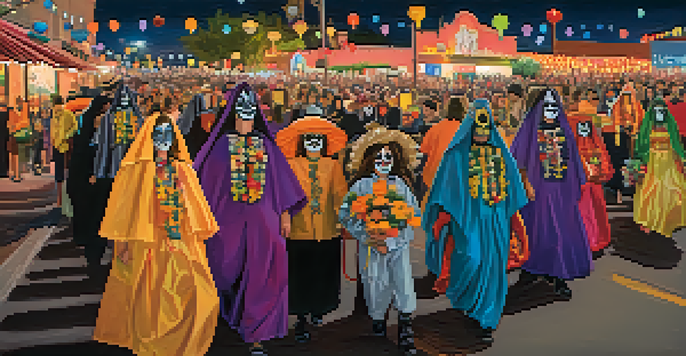 A lively procession with people in colorful costumes and painted faces walking under a night sky, with floating lanterns and altars filled with photographs and flowers.
