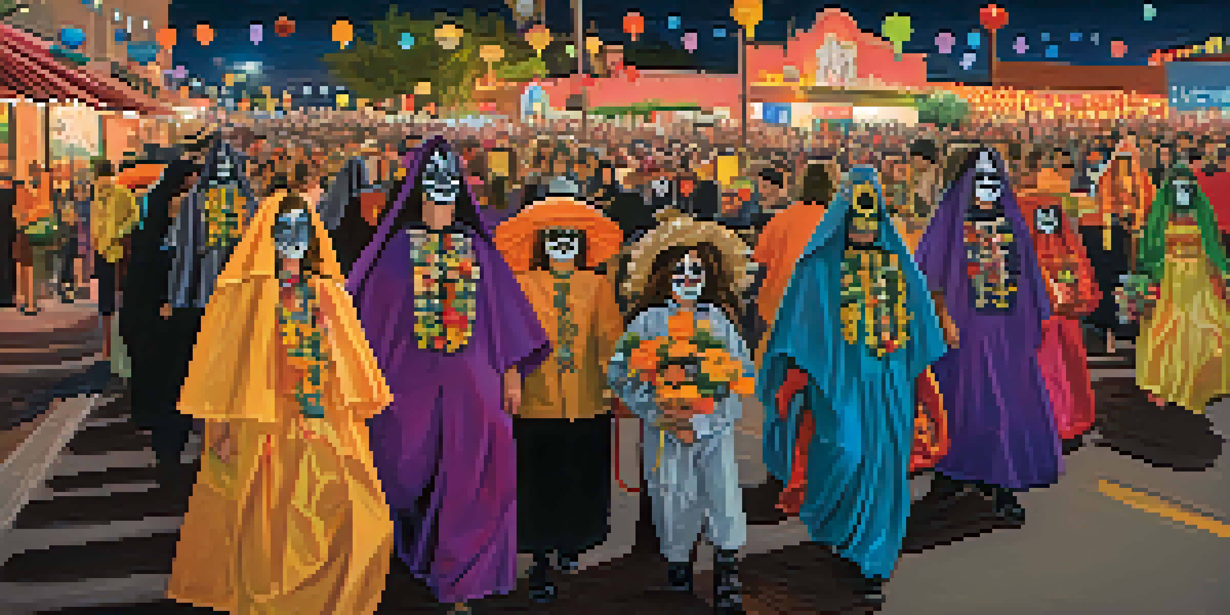 A lively procession with people in colorful costumes and painted faces walking under a night sky, with floating lanterns and altars filled with photographs and flowers.