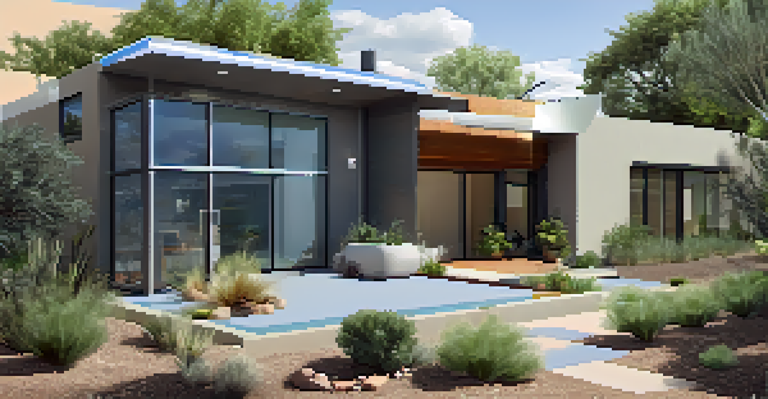 A modern home in Tucson with a rainwater harvesting system on the roof under a blue sky.