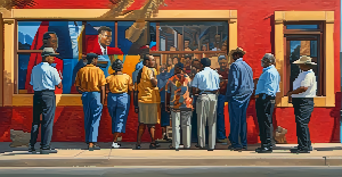 A mural of civil rights leaders on a historic building in Tucson's Barrio Viejo, with people admiring it in warm evening light.