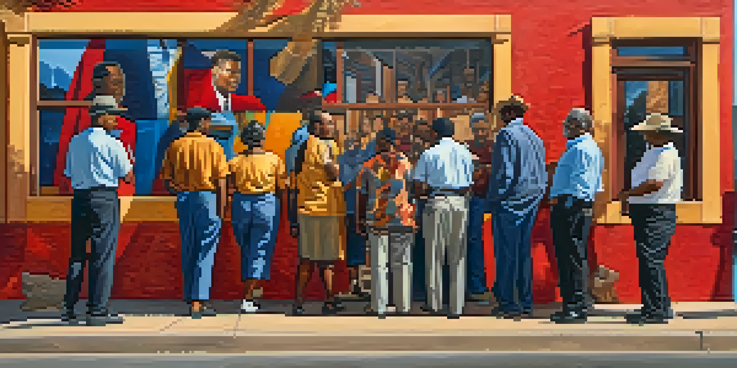 A mural of civil rights leaders on a historic building in Tucson's Barrio Viejo, with people admiring it in warm evening light.
