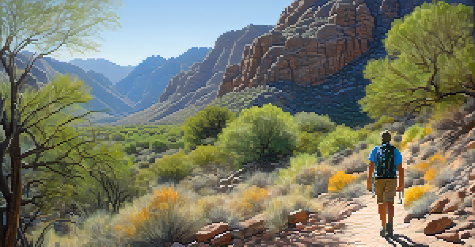 A hiker resting on a trail in Sabino Canyon, with greenery and mountains in the background under a clear sky.