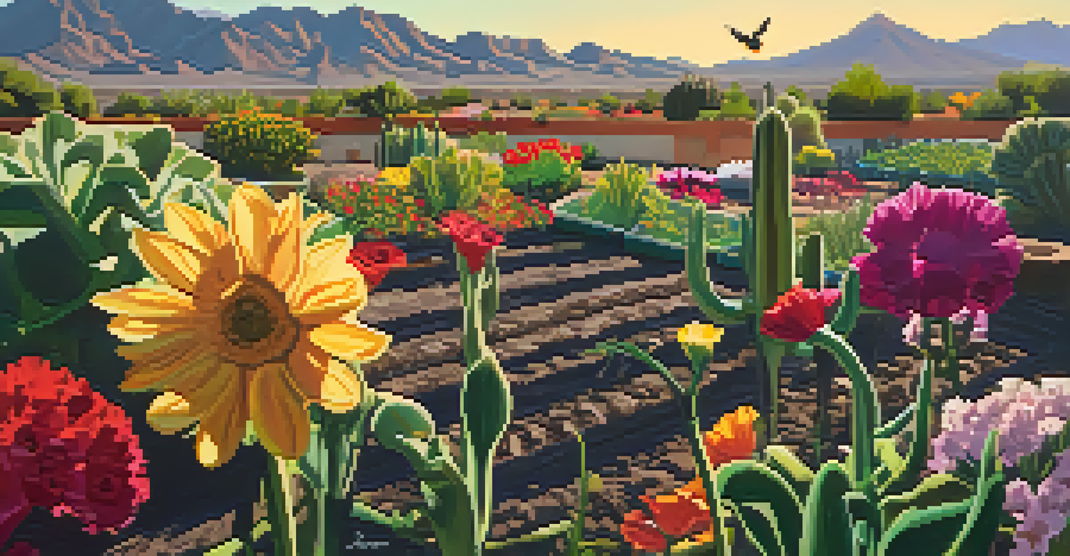 A close-up of a vibrant community garden in Tucson, featuring flowers and vegetables with mountains in the background.