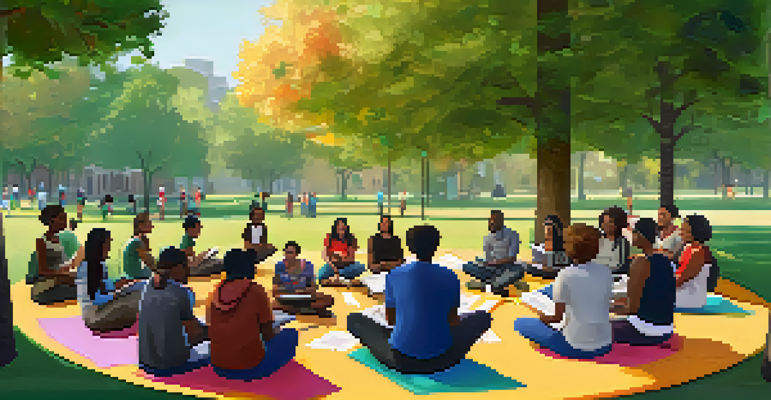 A community workshop in a park with a facilitator and participants learning about online education.