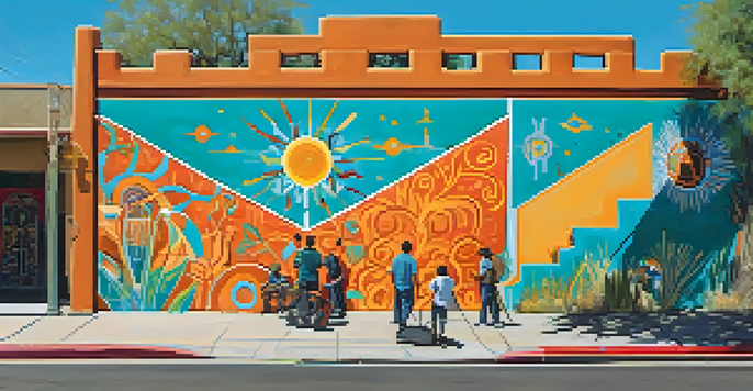 A colorful mural in Tucson depicting local culture, with artists painting and community members observing.