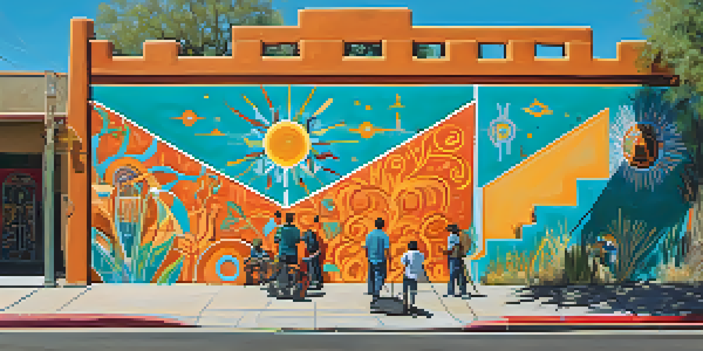 A colorful mural in Tucson depicting local culture, with artists painting and community members observing.