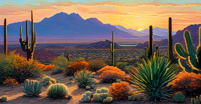 A panoramic view of the Sonoran Desert in Tucson at sunset, with saguaro cacti in the foreground and colorful sky.