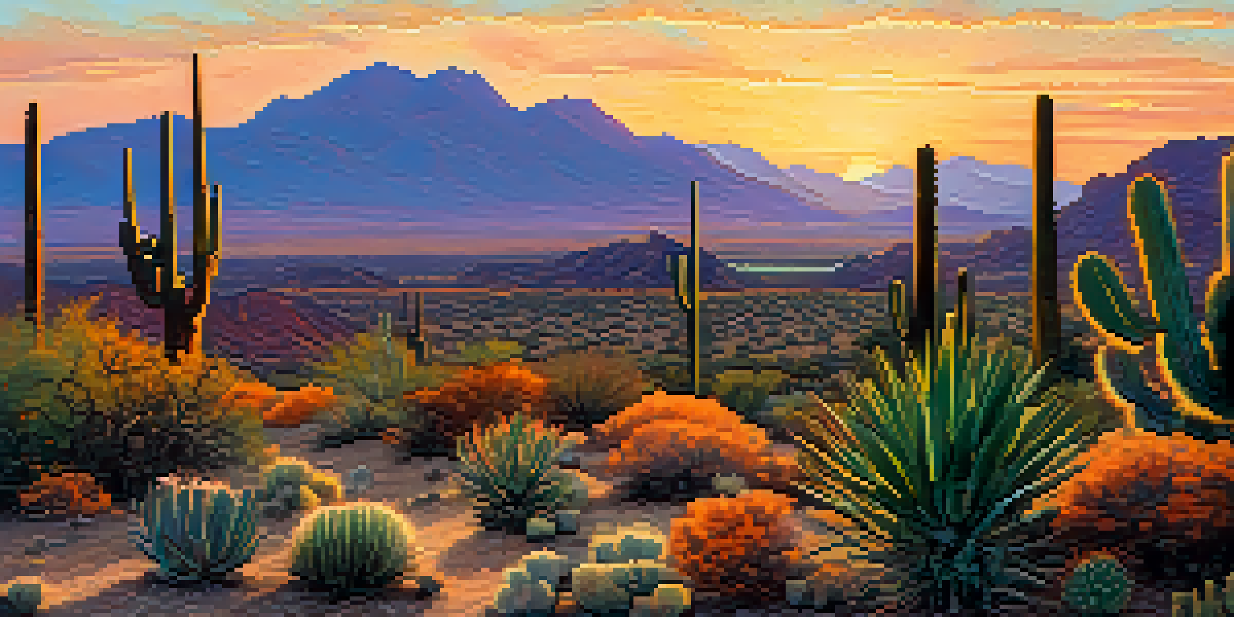 A panoramic view of the Sonoran Desert in Tucson at sunset, with saguaro cacti in the foreground and colorful sky.