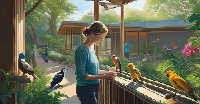 A volunteer feeding an injured bird in a wildlife rehabilitation center, surrounded by green foliage and warm sunlight.