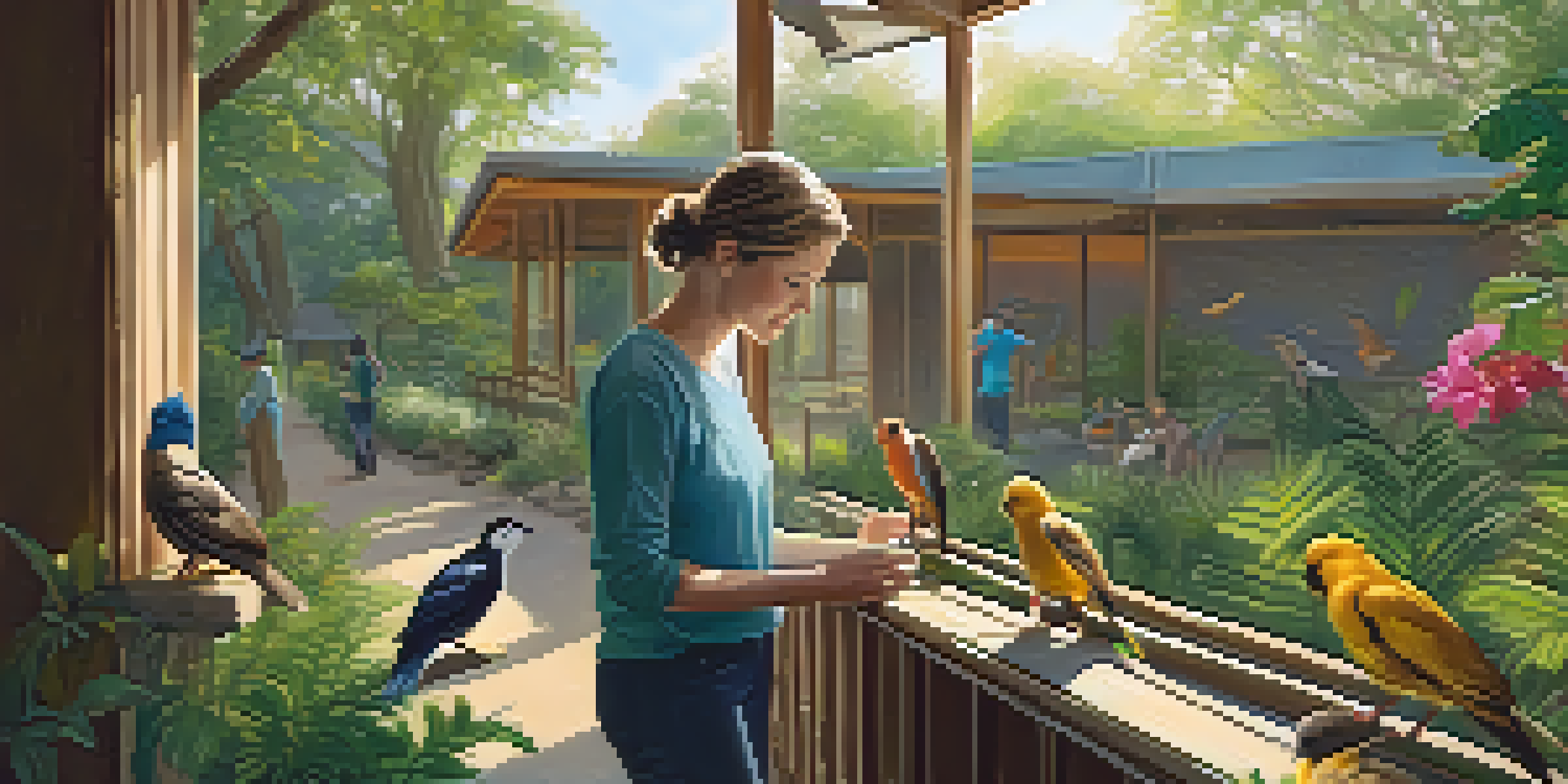 A volunteer feeding an injured bird in a wildlife rehabilitation center, surrounded by green foliage and warm sunlight.