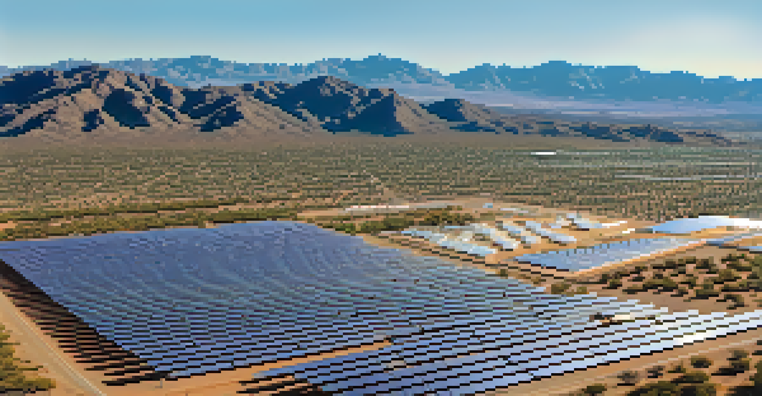 Aerial view of a solar farm near Tucson, with solar panels and electric vehicles set against a desert landscape and mountains.