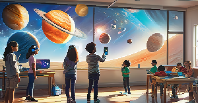 Students in a colorful classroom wearing virtual reality headsets, exploring a 3D solar system model with sunlight streaming in.