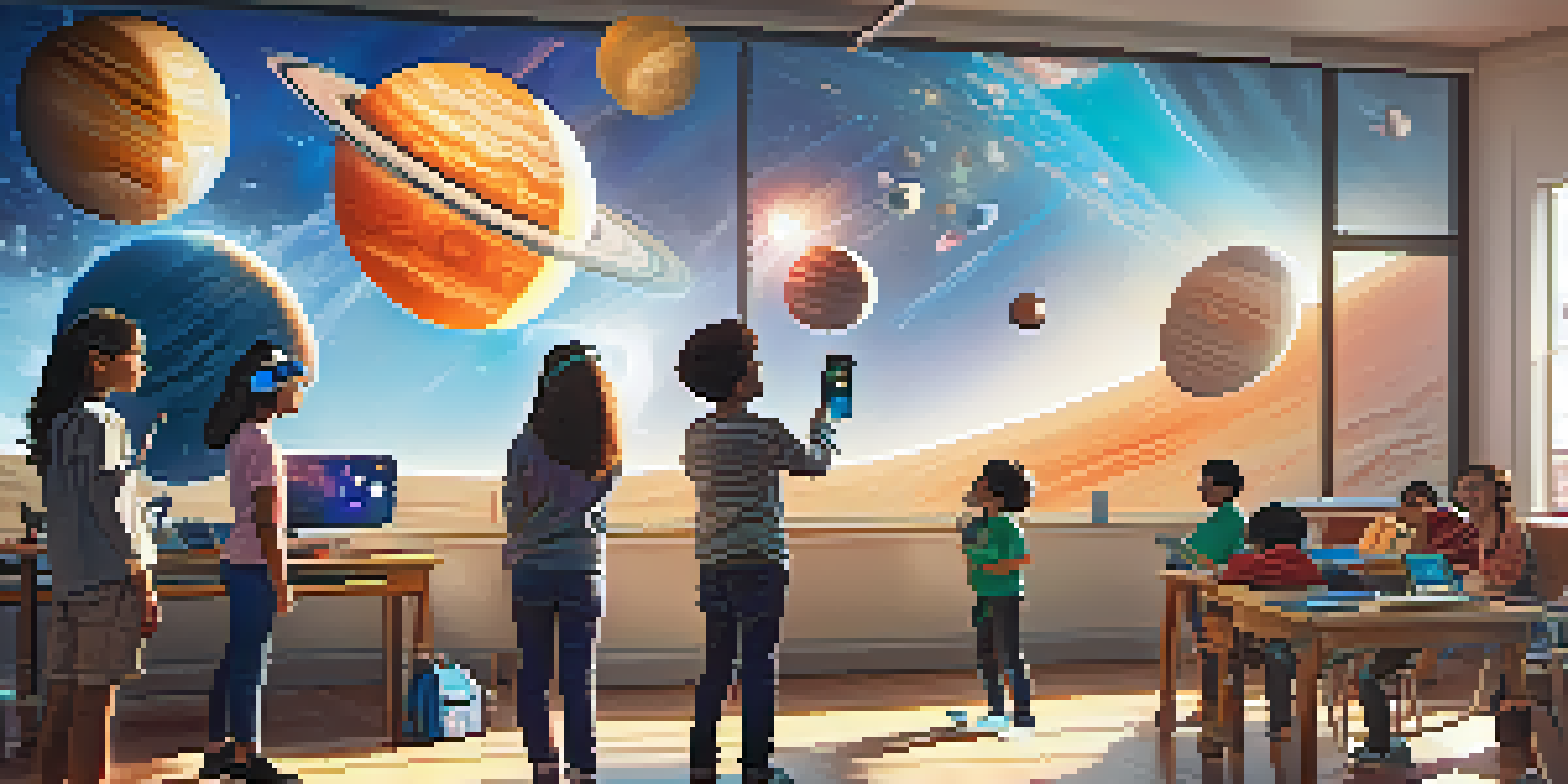 Students in a colorful classroom wearing virtual reality headsets, exploring a 3D solar system model with sunlight streaming in.