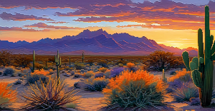 A panoramic view of Tucson's desert landscape at sunset, showcasing vibrant colors and silhouetted cacti.