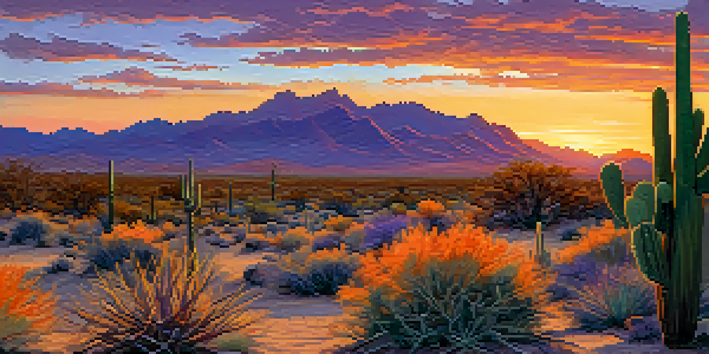 A panoramic view of Tucson's desert landscape at sunset, showcasing vibrant colors and silhouetted cacti.