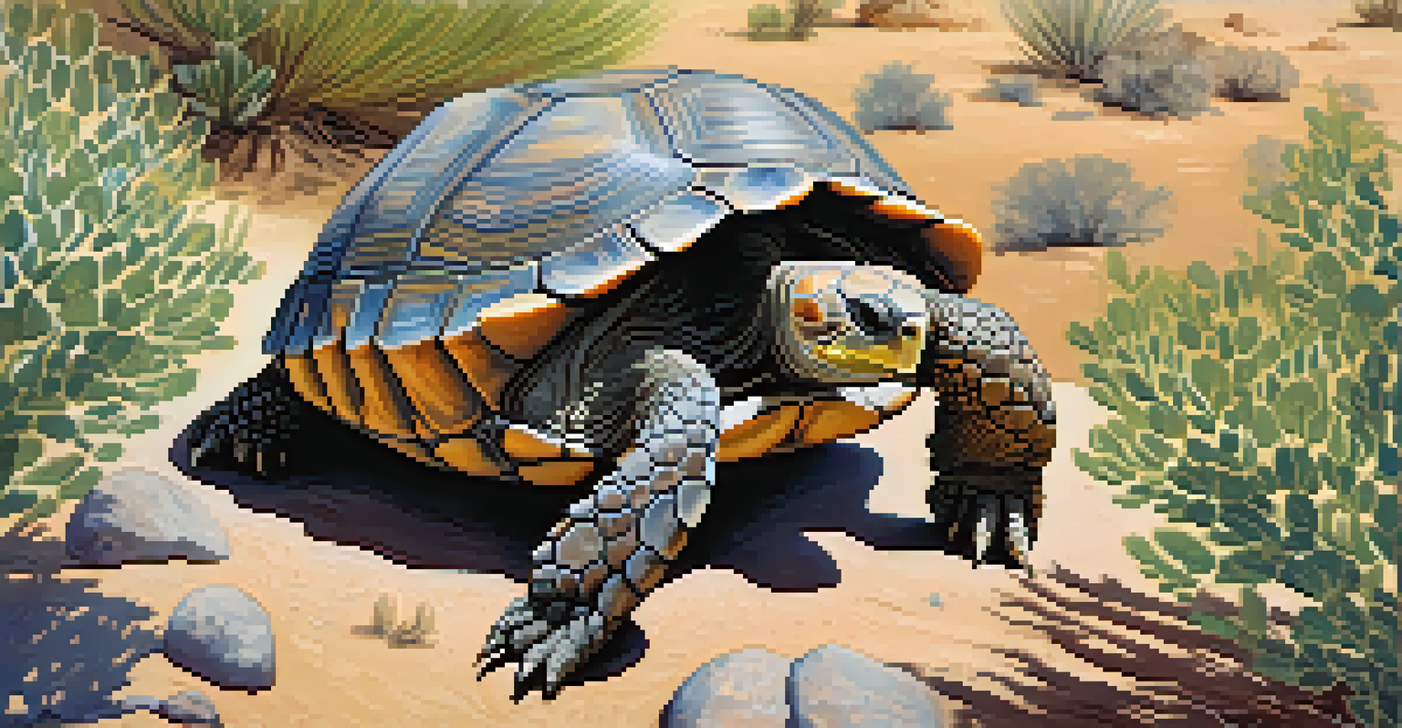 A desert tortoise in a rocky area of the Sonoran Desert, positioned centrally with sunlight filtering through nearby vegetation, showcasing its natural habitat.