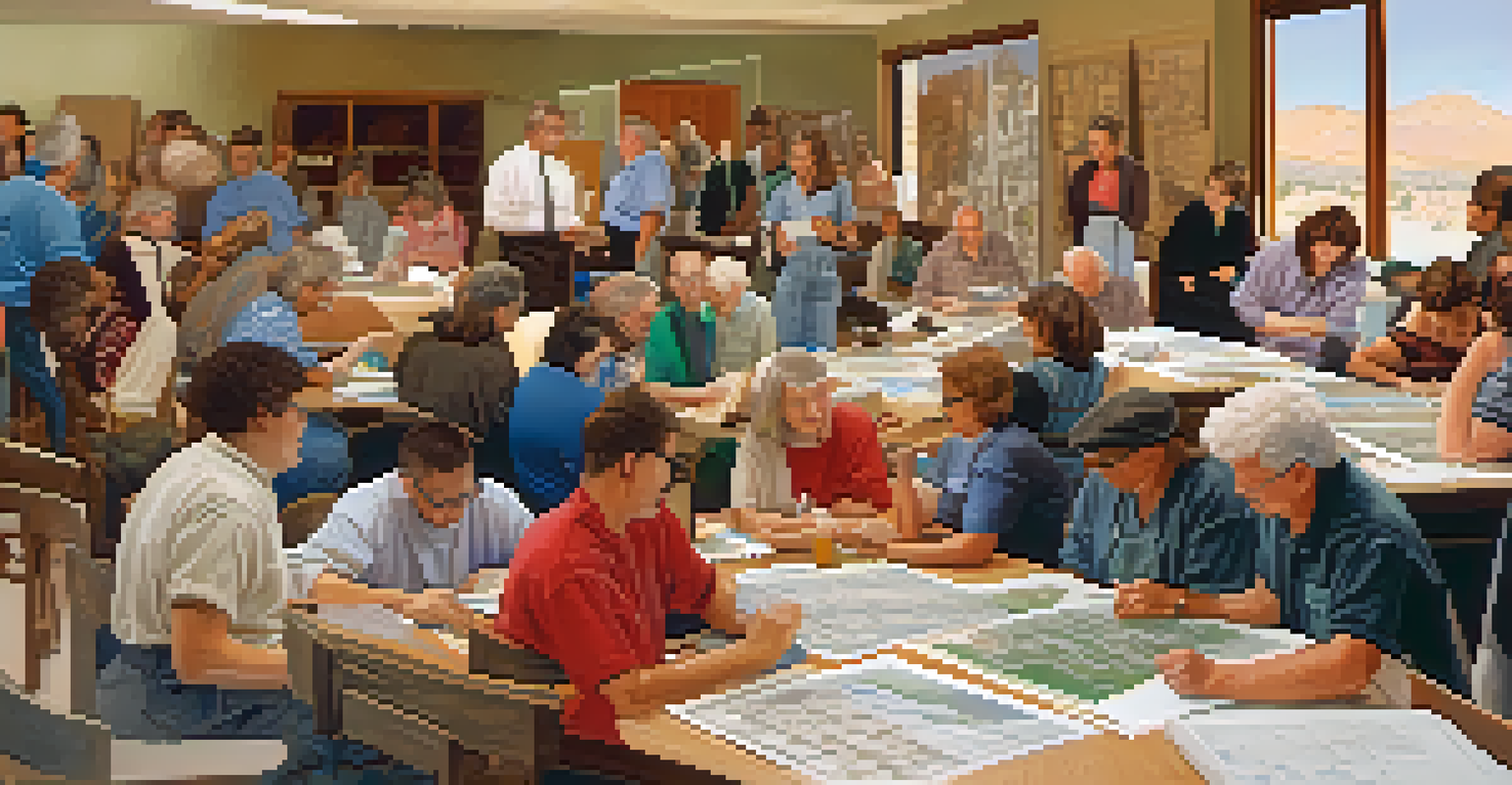 Residents participating in a community workshop focused on historic preservation in Tucson during the 1990s, with blueprints and photographs on tables in a brightly lit room.
