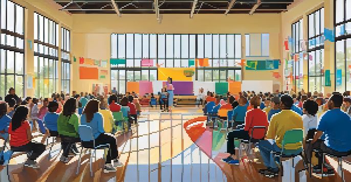 A community meeting with diverse participants in a Tucson school gymnasium, discussing educational initiatives under sunlight.