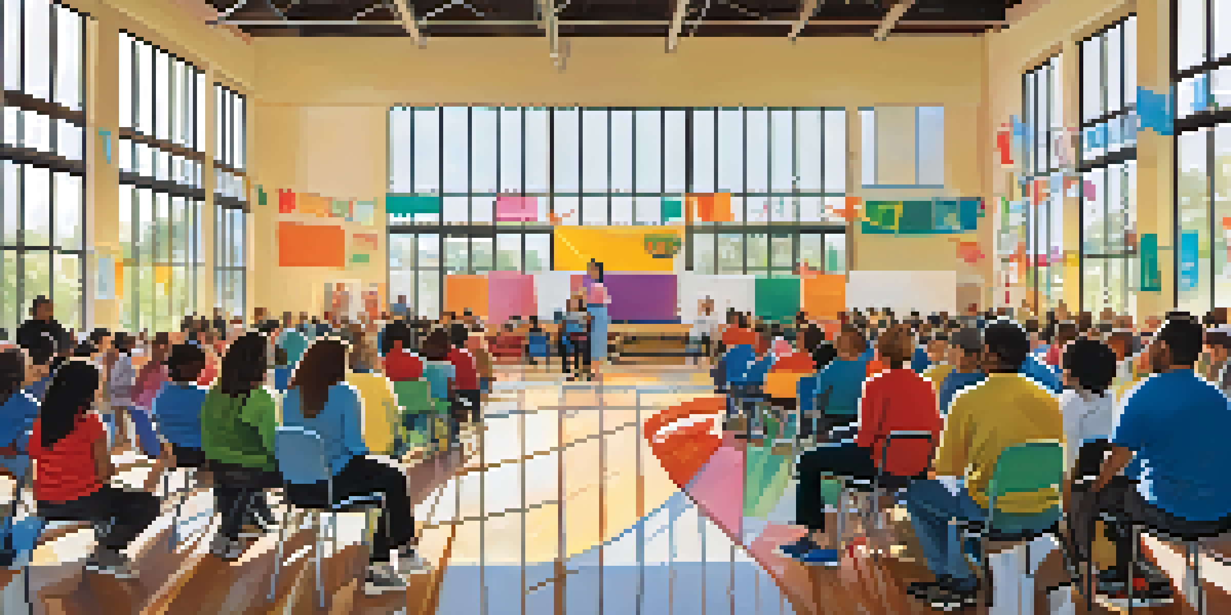 A community meeting with diverse participants in a Tucson school gymnasium, discussing educational initiatives under sunlight.