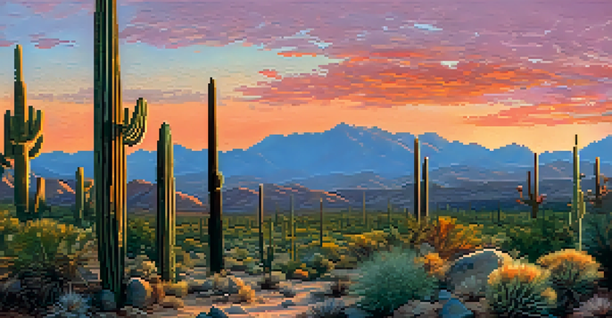 A desert landscape at sunrise with saguaro cacti and a tortoise on rocky ground.