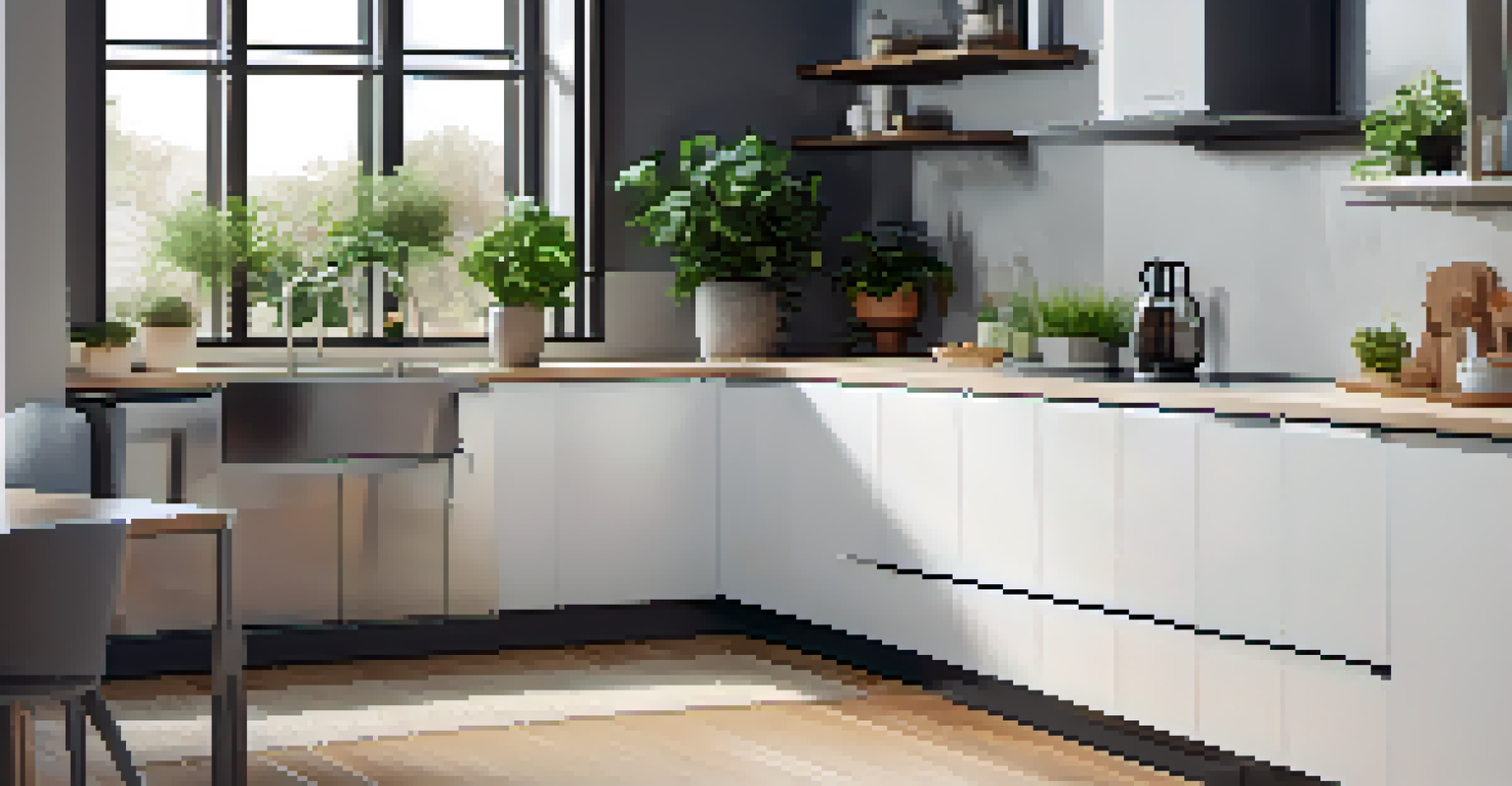 A modern kitchen showcasing water-efficient appliances like a dishwasher and low-flow faucet, with bright lighting.