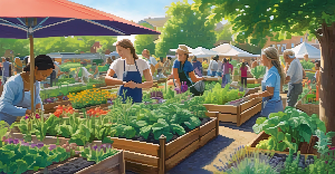 A community garden with diverse people planting and harvesting vegetables in a sunny environment.