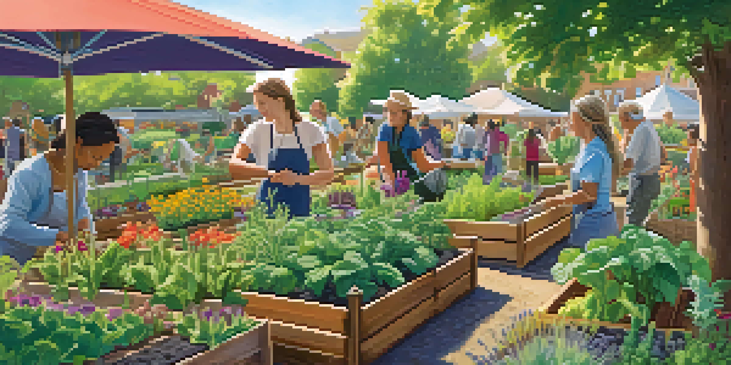 A community garden with diverse people planting and harvesting vegetables in a sunny environment.