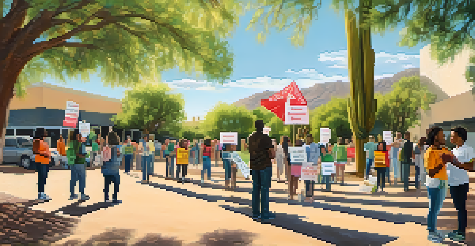 A modern mental health awareness campaign in Tucson, with diverse individuals holding signs about mental health resources in a sunny community park.