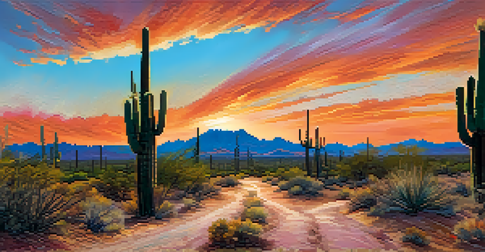 A sunset view of Saguaro National Park featuring tall cacti and a winding trail under a colorful sky.