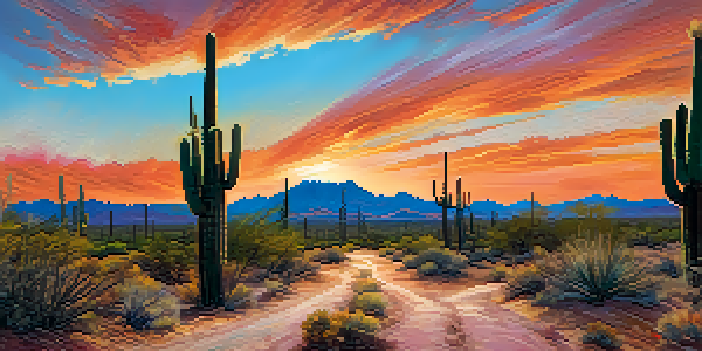 A sunset view of Saguaro National Park featuring tall cacti and a winding trail under a colorful sky.