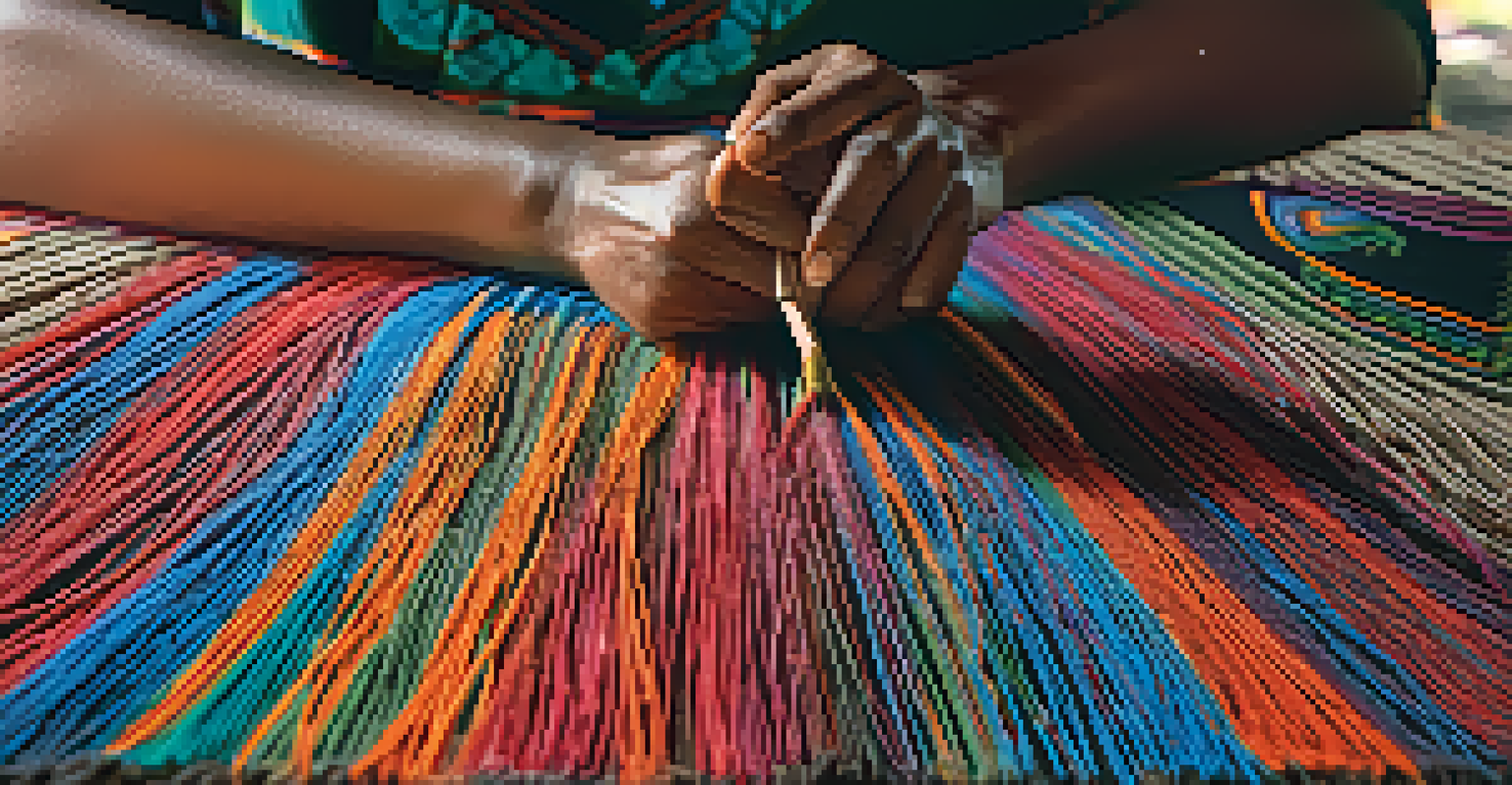 Close-up of an Indigenous artisan weaving a colorful traditional textile, showcasing intricate patterns and craftsmanship.