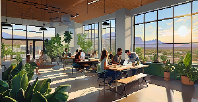 A bright coworking space in Tucson with diverse professionals working together, featuring large windows and plants.