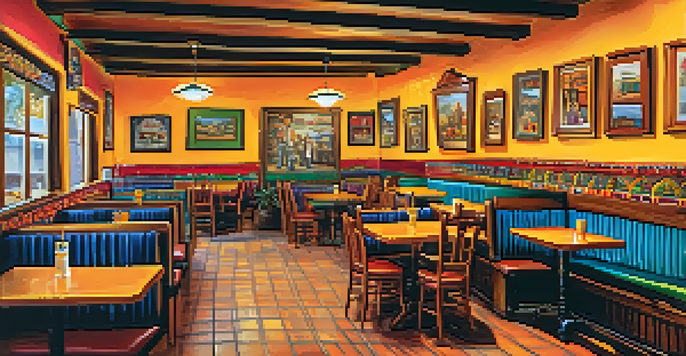 Interior view of El Charro Cafe featuring colorful decorations, wooden tables, and happy diners enjoying traditional Mexican food.